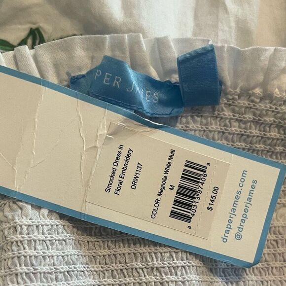 Draper James White & Blue Tiered Floral Embroidered Smocked  Top Knee Length Dre - Picture 8 of 9